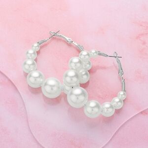 White Pearl 1.8" Silver Round Hoop Earrings Womens